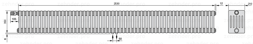 Схема (чертеж) Радиатор Zehnder Charleston 6035/55 №V007 Белый глянцевый RAL 9016